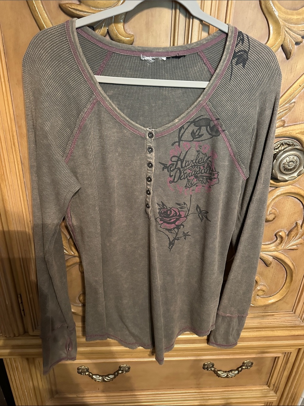 Harley-Davidson Taupe Long Sleeve Henley with Pink Rose Graphic